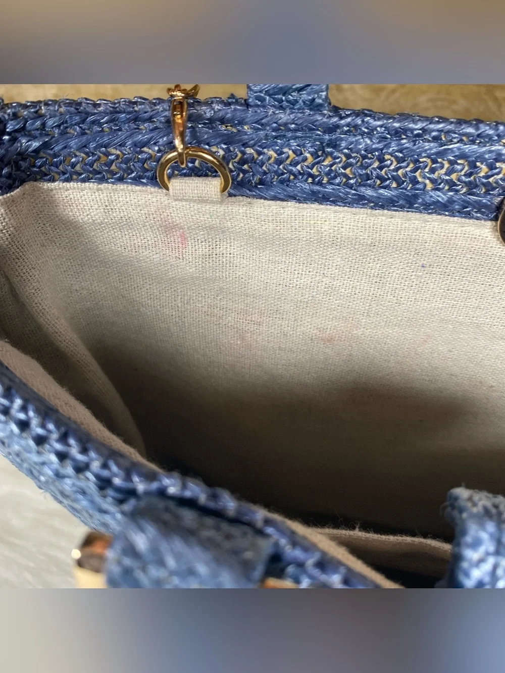 Haute Hippie Blue Straw Tote with Multicolor Floral Appliqués and Bamboo Handles